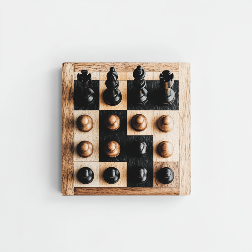 Chess pieces on a board with white backdrop.