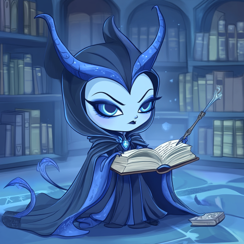 Chibi Maleficent in Ravenclaw robes, studying magical texts. Chibi Maleficent in Ravenclaw robes, studying magical texts.