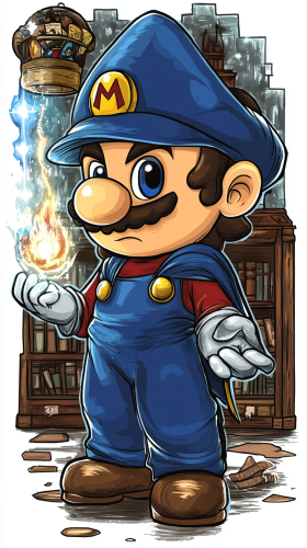 Chibi Mario in Ravenclaw robes, solving magical puzzles.