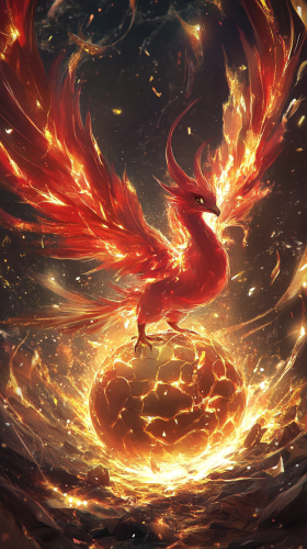 Chibi Moltres hatching from glowing, fiery egg. Mythical aura.