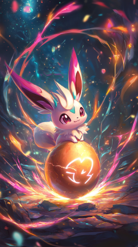 Chibi Sylveon hatches from egg with magical ribbons.