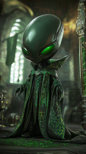Chibi alien in Slytherin robes looks menacing. Chibi alien in Slytherin robes looks menacing.