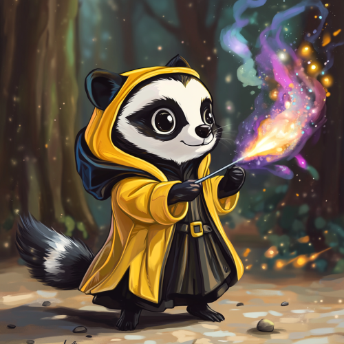 Chibi badger in Hufflepuff robe casting spell magic.