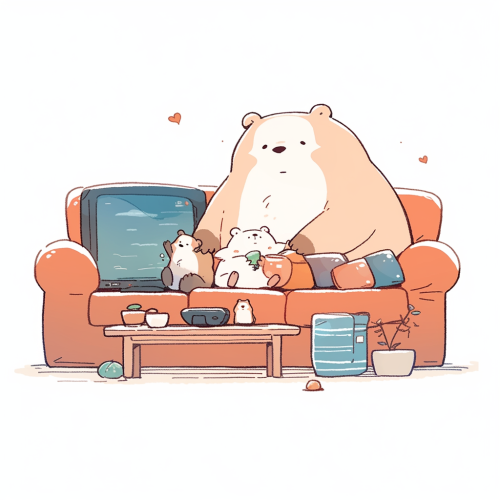Chibi bear and cub watching TV on couch.