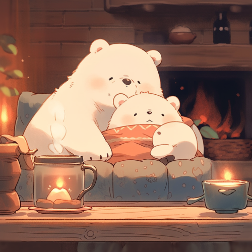 Chibi bear and cub watching movie in cozy cabin. Chibi bear and cub watching movie in cozy cabin.