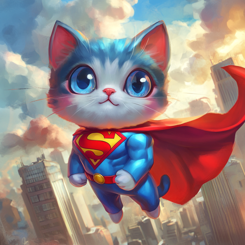 Chibi cat dressed as Superman, vibrant costume, playful.