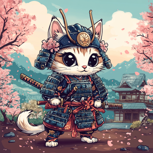 Chibi cat in samurai armor with katana pose.