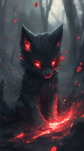 Chibi loup sombre dans forêt mystique avec éclairs.