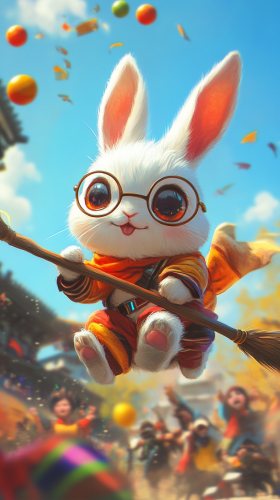 Chibi rabbit plays Quidditch match at Hogwarts stadium. Chibi rabbit plays Quidditch match at Hogwarts stadium.