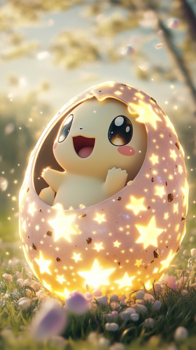 Chibi-style Togepi hatching from decorated, glowing egg in meadow.