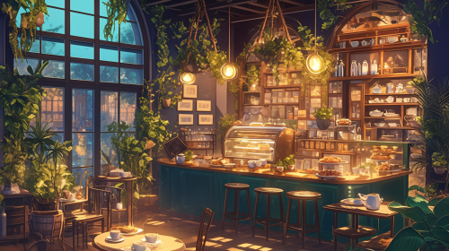 Chic and Modern Coffee Shop Interior with Greenery