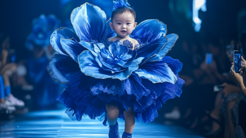 Chic baby struts in blue flower fashion show.