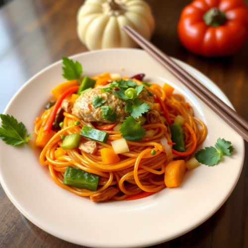 Chicken and Vegetable Spiced Red Noodles Dish
