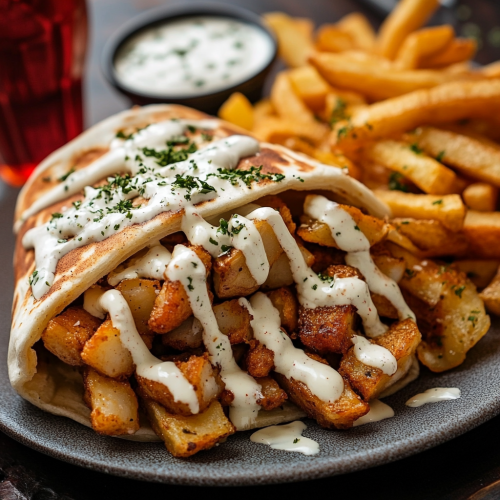 Chicken and potato galette sandwich cut in half, served with ketchup, mayonnaise, fries, and Coca-Cola.