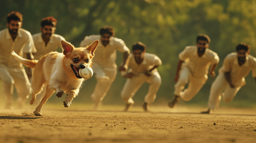 Chihuahua dog running across cricket field with ball, players chasing.