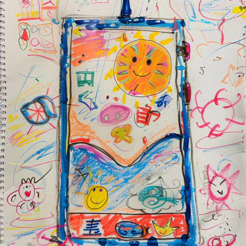 Child's drawing of smartphone with antenna, Japanese pattern.