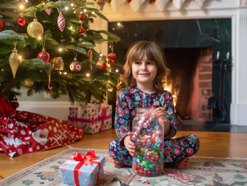Child Opens Christmas Gift by Cozy Fireplace Child Opens Christmas Gift by Cozy Fireplace