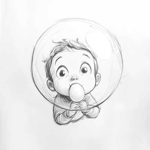 Child floats in giant bubble gum balloon sketch