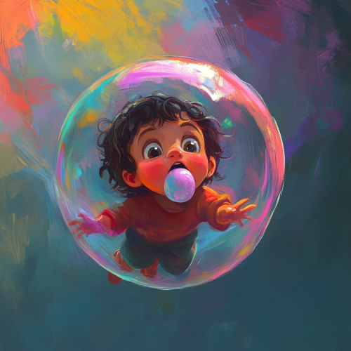 Child in Disney style floats on colorful bubble Child in Disney style floats on colorful bubble
