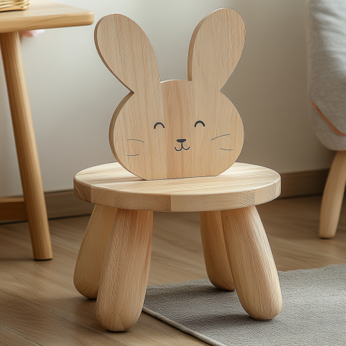 Children's Rabbit-Themed Wooden Stool with Backrest 
