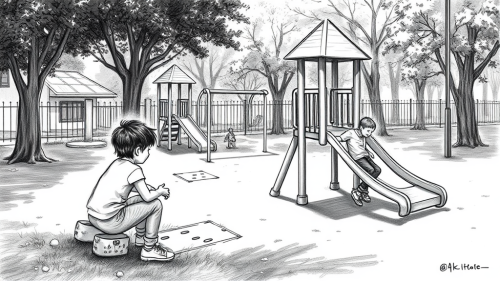Children Playing at Playground: Cinematic Black and White Sketch.