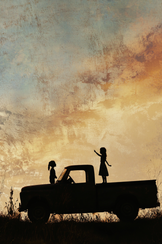 Children Playing in Old Pickup Under Colorful Sky
