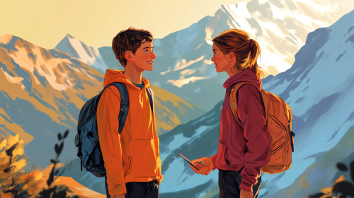 Children chatting happily in front of scenic mountains