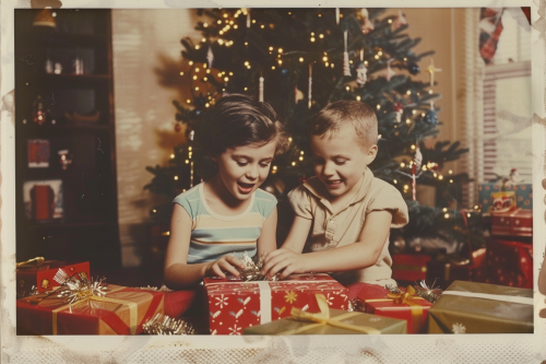 Children happily open Christmas gifts in nostalgic living room