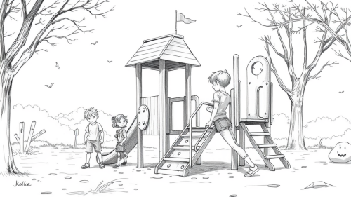 Children having fun at the playground - pencil sketch.