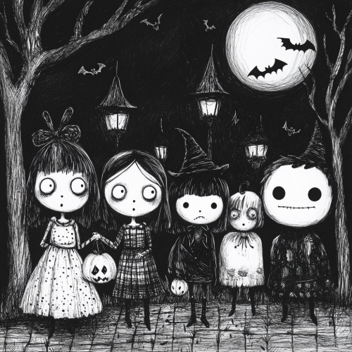 Children in spooky costumes by Edward Gorey