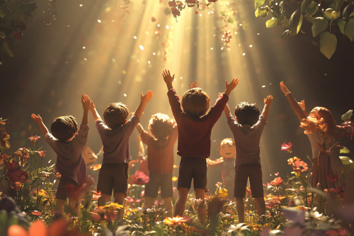 Children lifting arms, light beams clear darkness, flowers blooming.