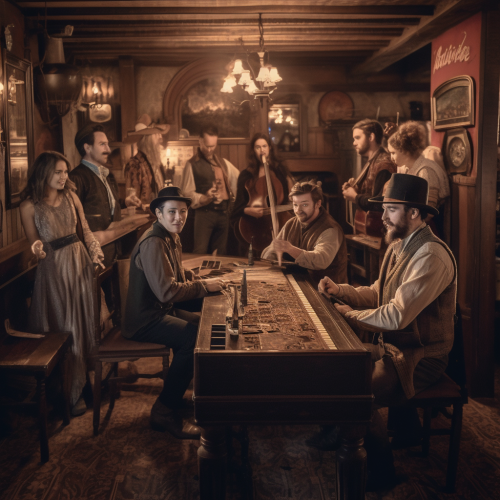 Children play cowboy movie scene, Billy Kid at bar.