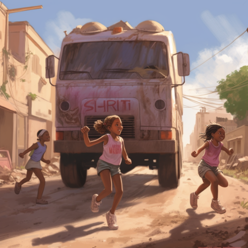 Children playing in the sun with garbage collection truck. Children playing in the sun with garbage collection truck.