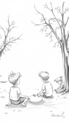 Children playing on ground in storyboard pencil sketch.