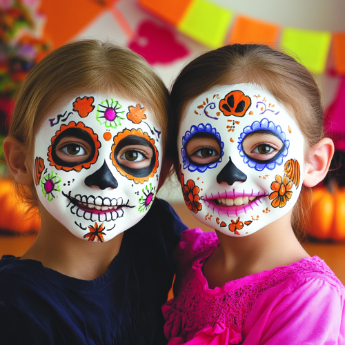 Children with festive face paint at Halloween party