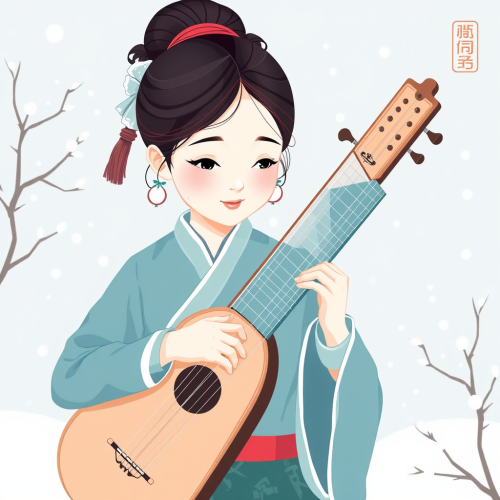 Chinese Girl Playing Guqin in Winter Illustration