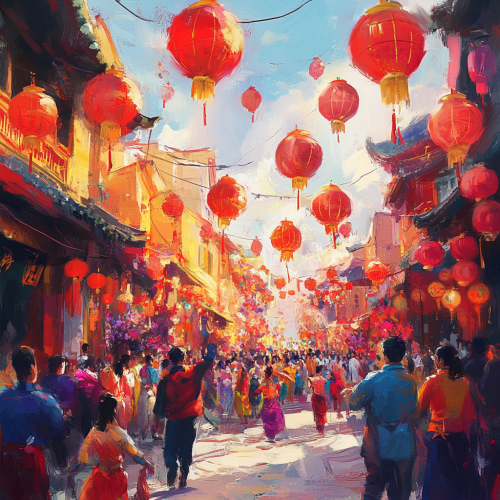 Chinese New Year Celebration with Red Lanterns and Dragon Dance