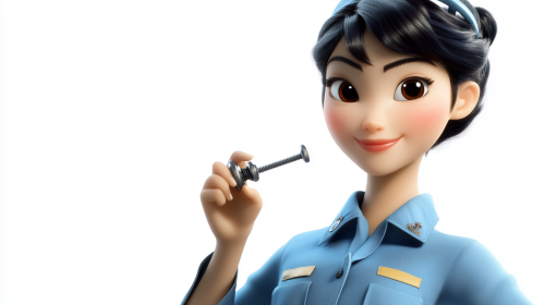 Chinese female inspector holds up jackscrew as evidence.