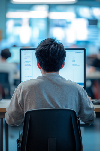 Chinese teacher working at desk in office. Camera focuses on teacher using SONY α9 III.
