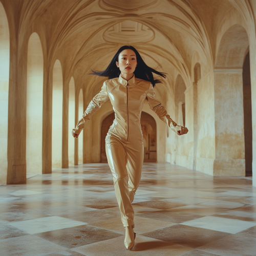 Chinese woman in beige jumpsuit dueling opponent elegantly.