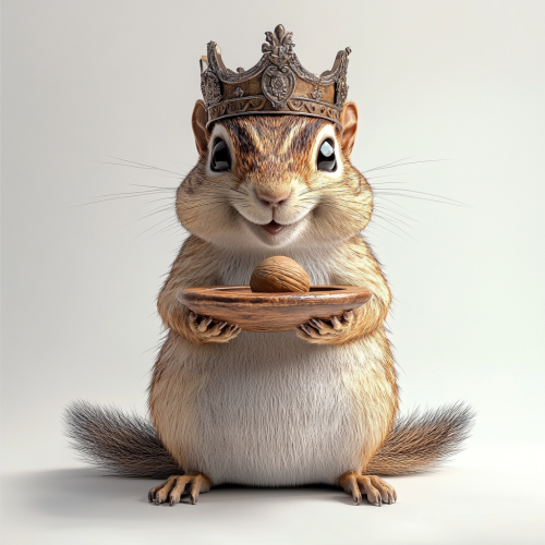 Chipmunk smiling with acorn on tray, medieval headdress on head.