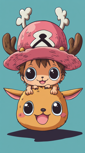 Chopper sits cutely on Luffy's head in scene.