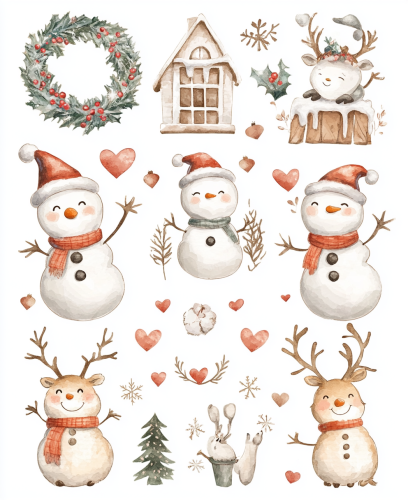 Christmas Sticker Sheet with Cute Snowman and Friends