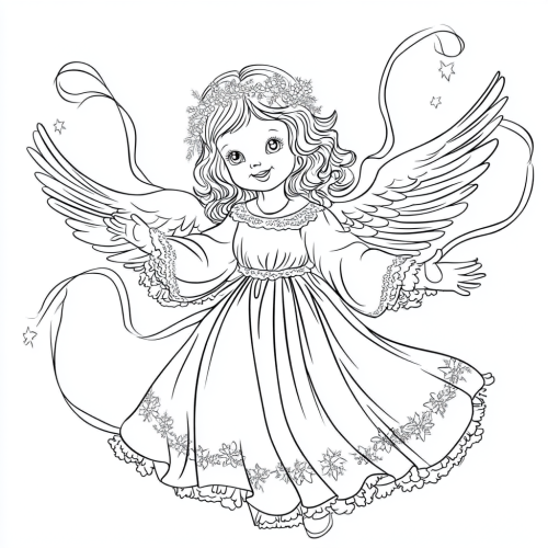 Christmas angel coloring page with classic holiday symbols.