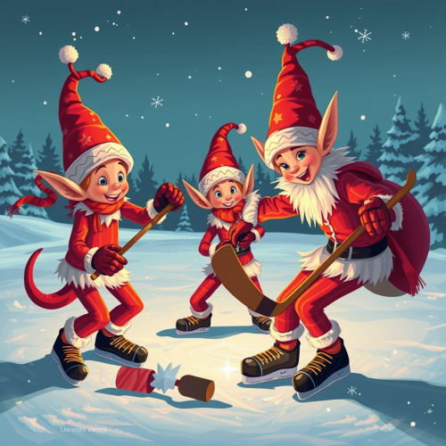 Christmas elves celebrating a cool hockey win.