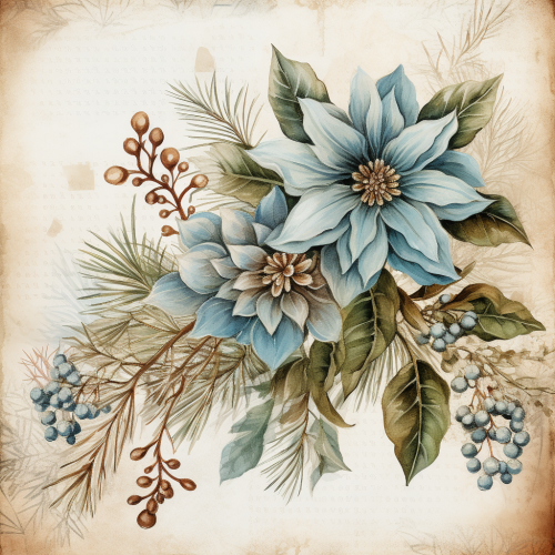 Christmas flowers and greenery in watercolor on paper.