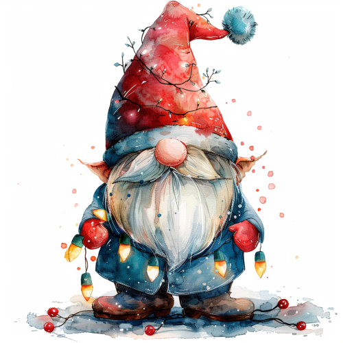 Christmas gnome in red hat with lights on white
