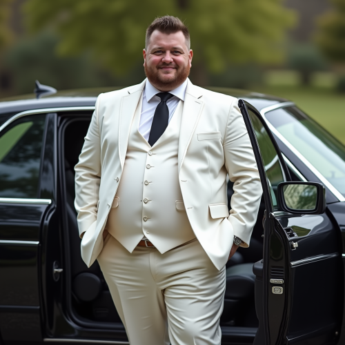 Chubby Boy in White Suit Entering a Benz