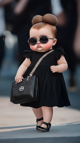 Chubby baby in fashion show runway wearing Chanel.