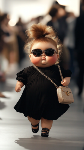 Chubby baby strut with chic style on runway.